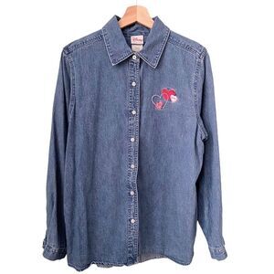 Disney Mickey and Minnie Love Hearts Front Button Long Sleeve Jean Top in Large